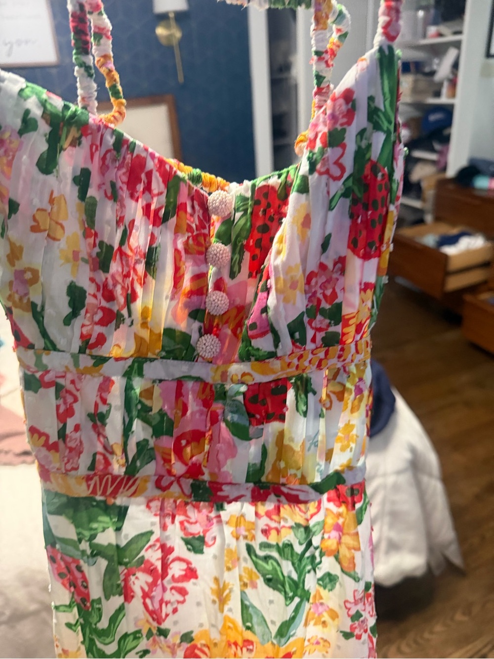FARM Rio Strapless Floral Dress in White with Pink, Yellow & Green